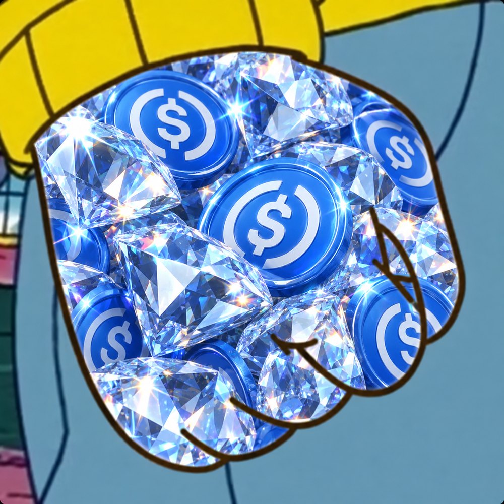 A cartoon fist gripping diamonds and USDC coins